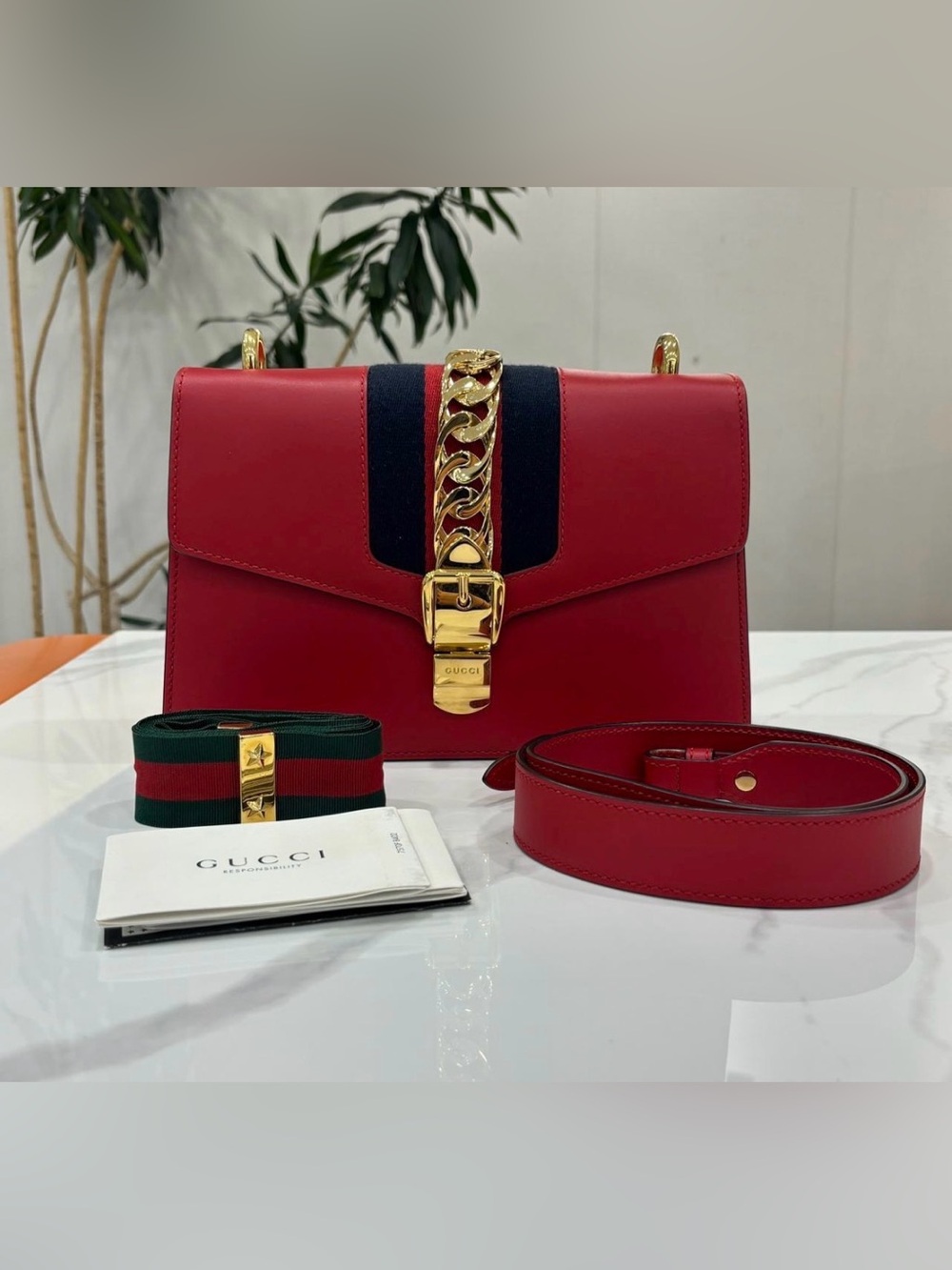 Gucci Red Leather Shoulder Bag with Gold Hardware and Navy Stripe